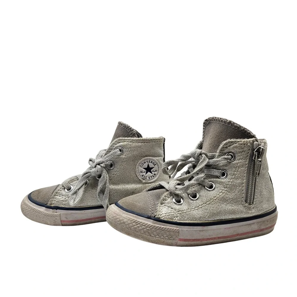 Converse All Star Toddler High Top Sneakers Silver Glitter Lace Up Zip Shoes 7‎